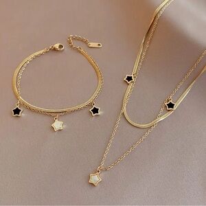 18K Gold Enameled Stars Layered Necklace & Bracelet Set